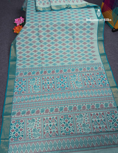 Pastel Blue Colour Printed Pure Cotton Saree With Ribbon Border