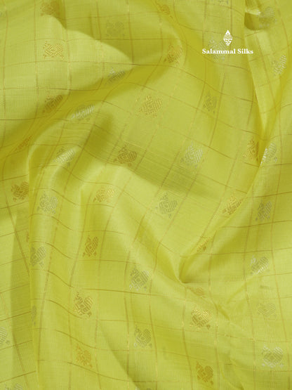 Lemon Yellow Zari Small Checks Pure Kanjivaram Silk Saree with Contrast Blouse