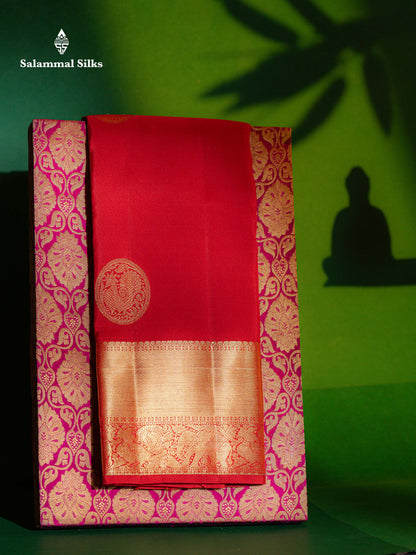 Beautiful Chilly Red Pure Kanjivaram Silk Saree With Traditional Evening Morning Border