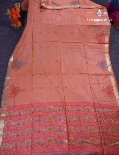 Beautiful Cream Sandal Meanakari Work Muga Cotton Saree With Contrast Brown Blouse