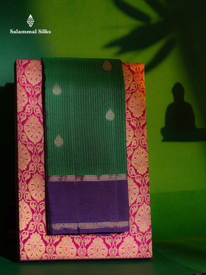Beautiful Bottle Green Vaira Oosi Stripes Pure Kanjivaram Silk Saree With Contrast Violet Traditional Gap Border