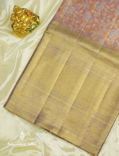 Beautiful Orange Tissue Pure Kanjivaram Silk Saree (2G) Zari With Contrast Lavender Border