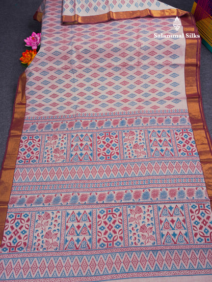 Pastel Blue Colour Printed Pure Cotton Saree With Ribbon Border