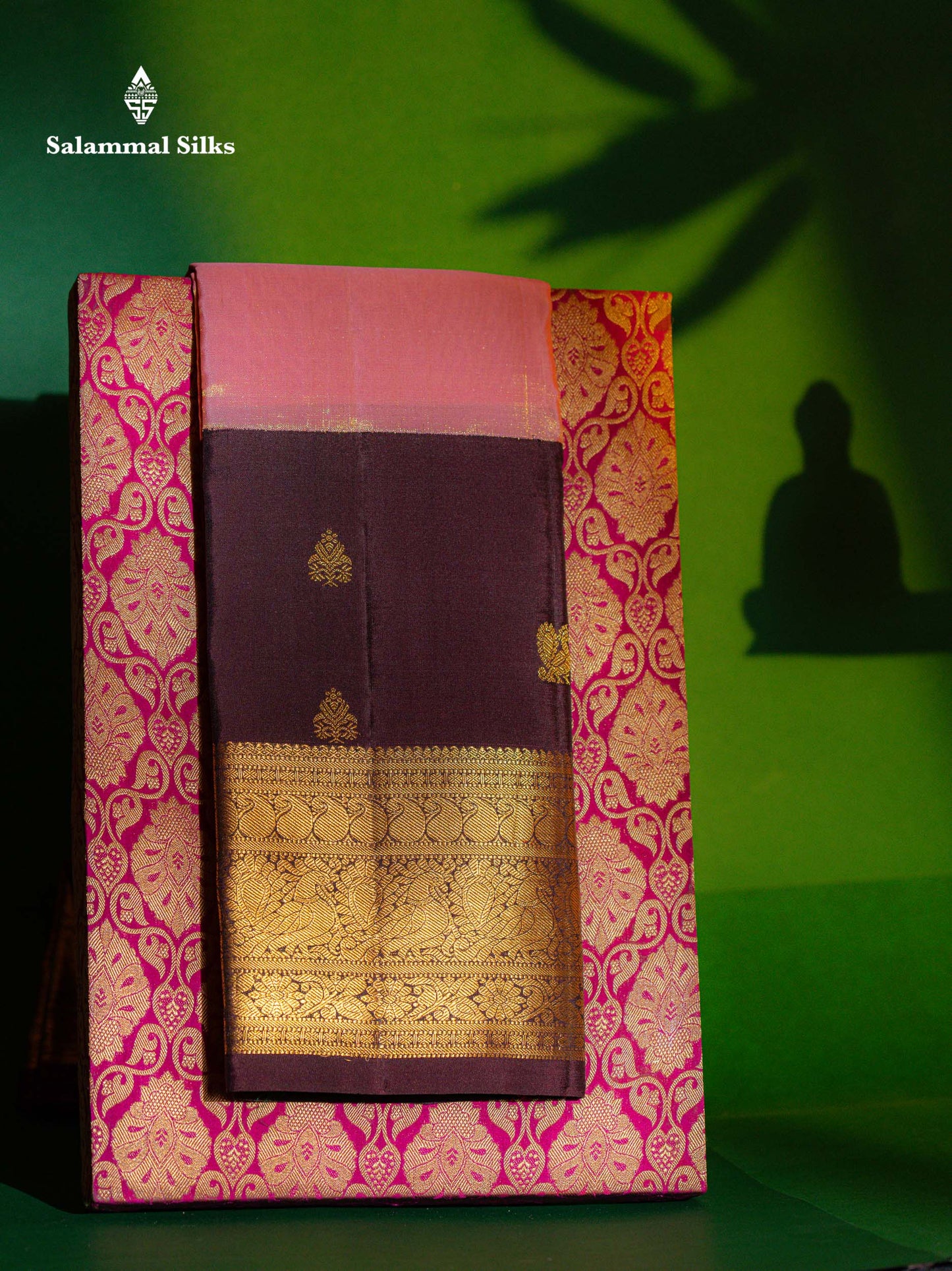 Korvai Beautiful Baby Pink Tissue Plain Pure Kanjivaram Silk Saree With Contrast Brown Traditional Long Border