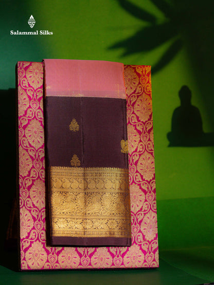 Korvai Beautiful Baby Pink Tissue Plain Pure Kanjivaram Silk Saree With Contrast Brown Traditional Long Border