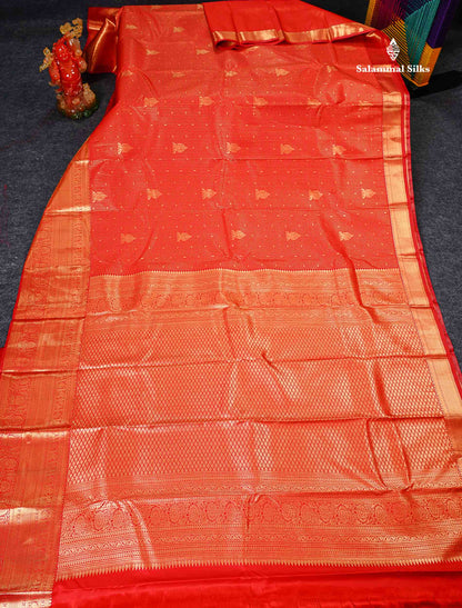 Semi Silk Saree - Chilly Red Small Checks With Butta Along With Traditional Evening Morning Border