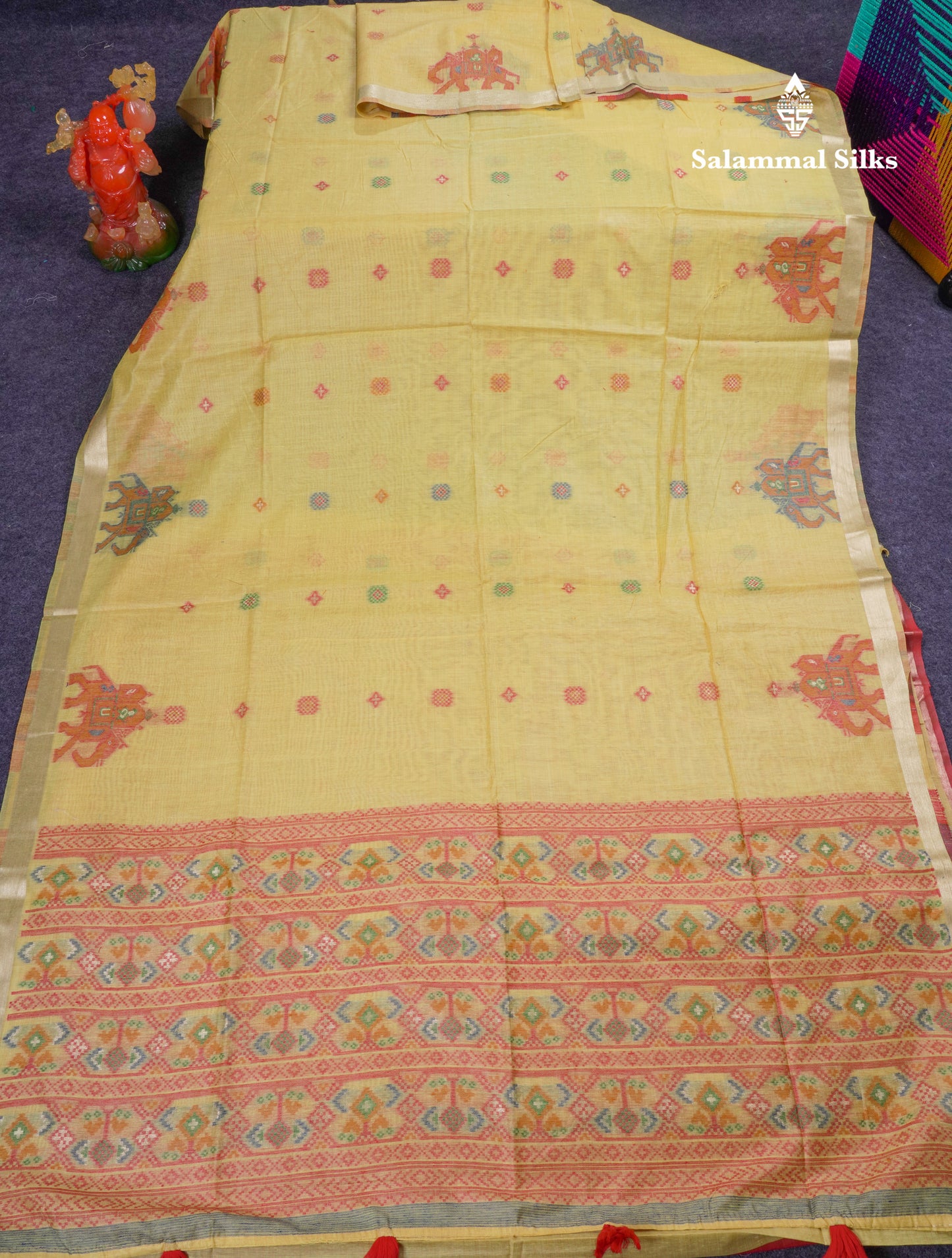Beautiful Cream Sandal Meanakari Work Muga Cotton Saree With Contrast Brown Blouse