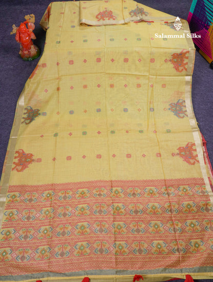 Beautiful Cream Sandal Meanakari Work Muga Cotton Saree With Contrast Brown Blouse