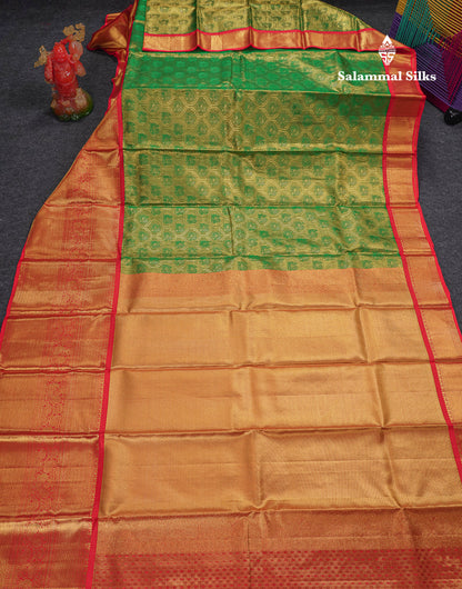 Beautiful Green Tissue Bridal Pure Kanjivaram Silk Saree With Contrast Chilly Red Traditional Evening Morning Border