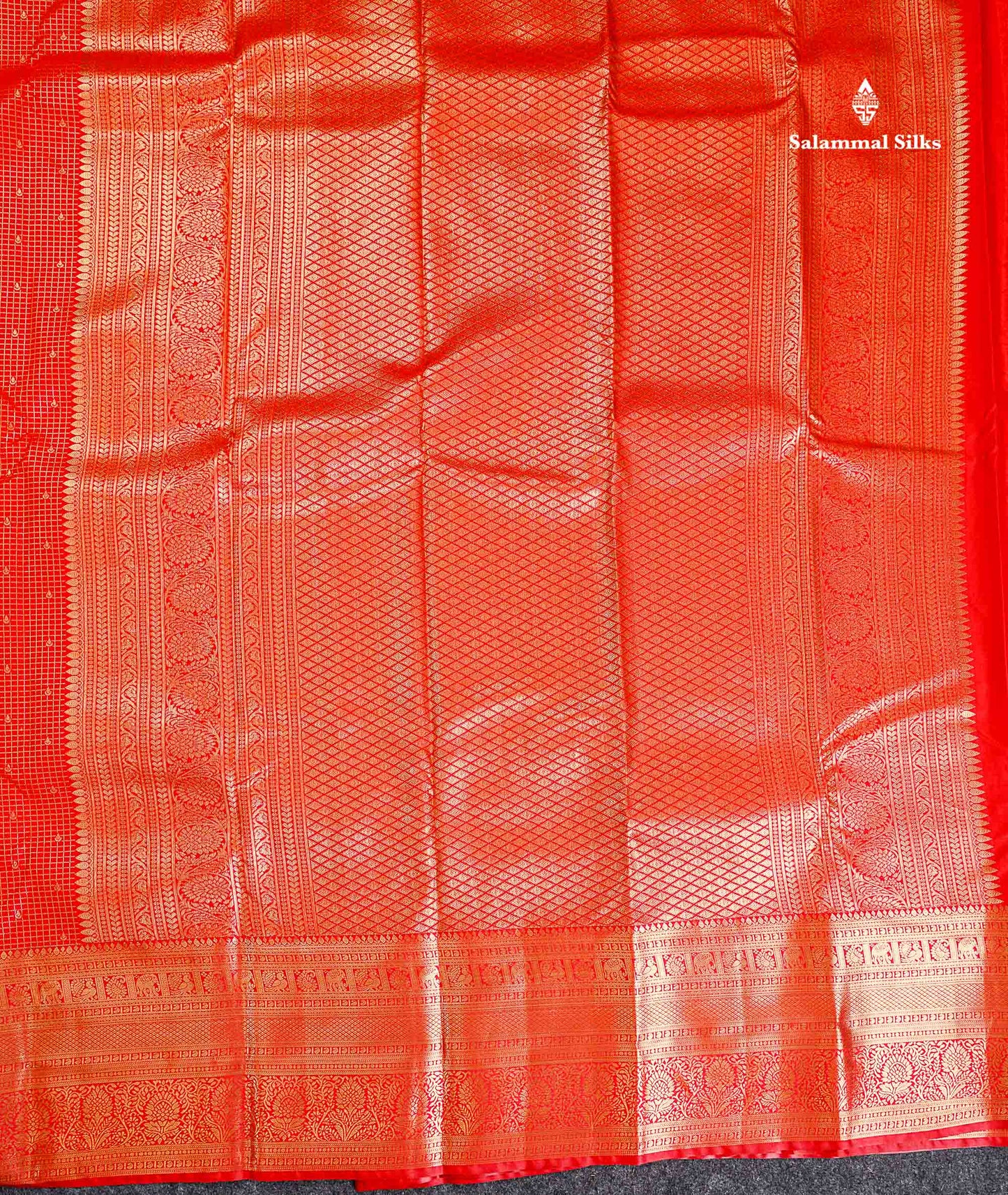 Semi Silk Saree - Chilly Red Small Checks With Butta Along With Traditional Evening Morning Border