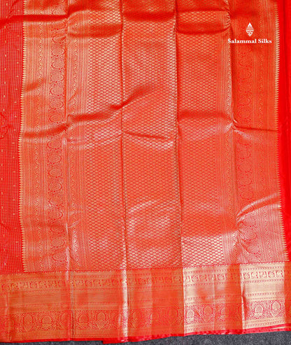 Semi Silk Saree - Chilly Red Small Checks With Butta Along With Traditional Evening Morning Border