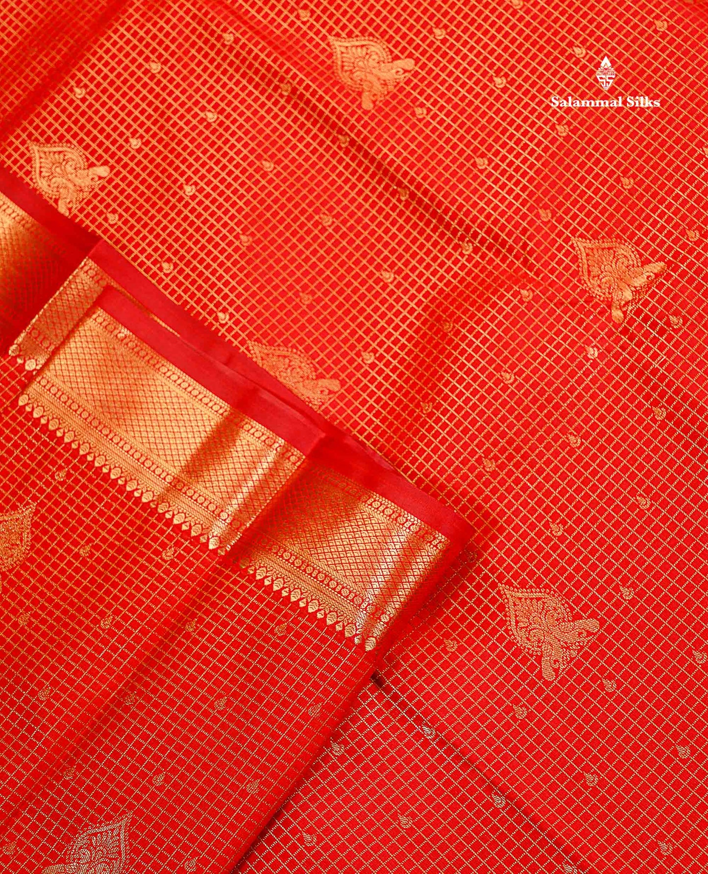 Semi Silk Saree - Chilly Red Small Checks With Butta Along With Traditional Evening Morning Border