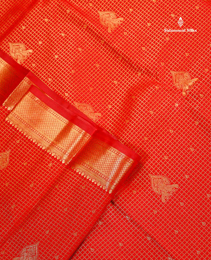 Semi Silk Saree - Chilly Red Small Checks With Butta Along With Traditional Evening Morning Border