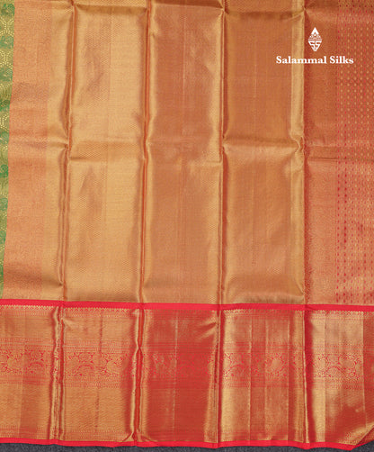 Beautiful Green Tissue Bridal Pure Kanjivaram Silk Saree With Contrast Chilly Red Traditional Evening Morning Border