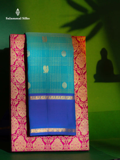 Beautiful Sapphire Blue Checks With Butta Pure Kanjivaram Silk Saree With Contrast Anandha Blue Traditional Gap Border