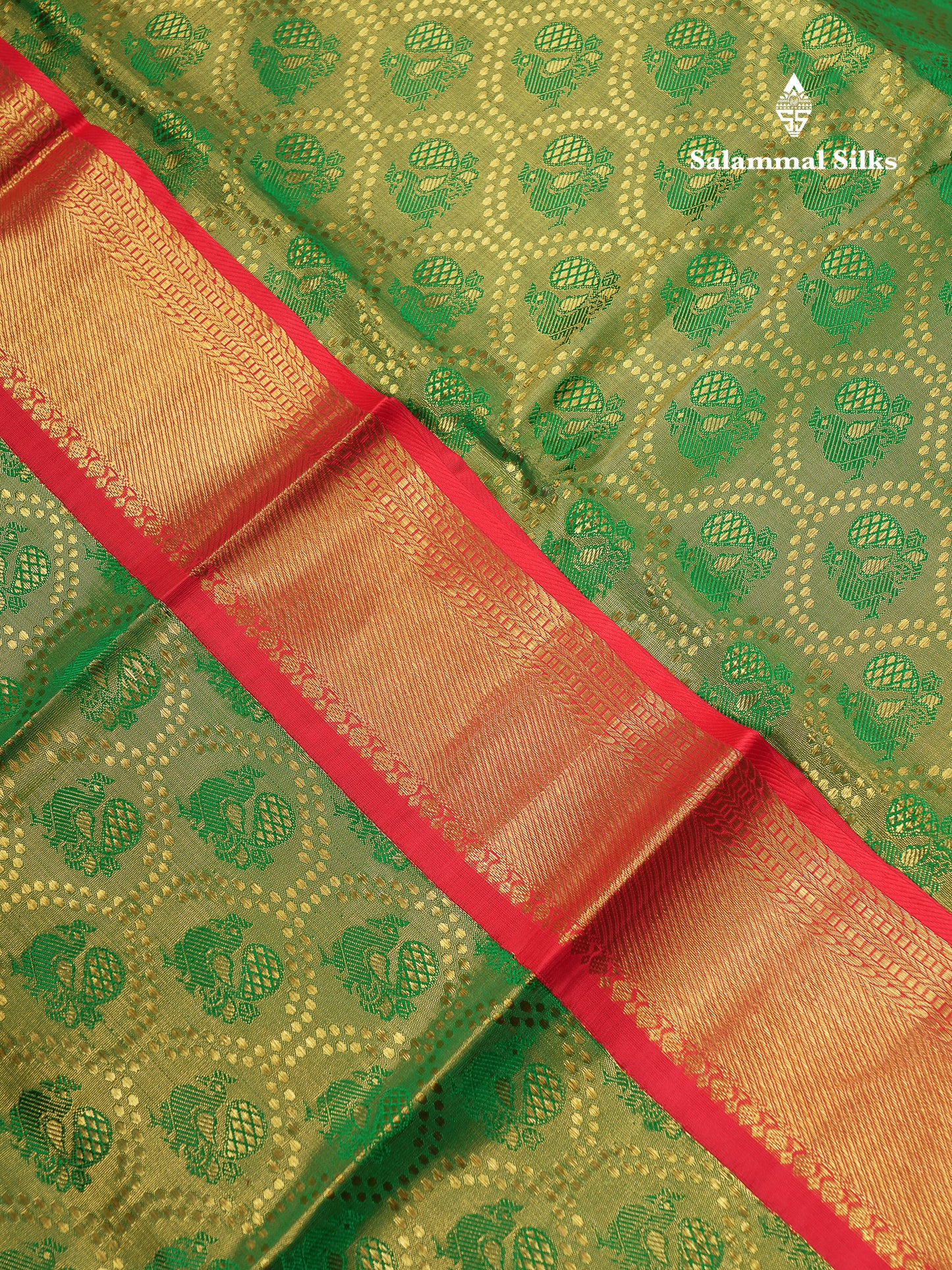 Beautiful Green Tissue Bridal Pure Kanjivaram Silk Saree With Contrast Chilly Red Traditional Evening Morning Border