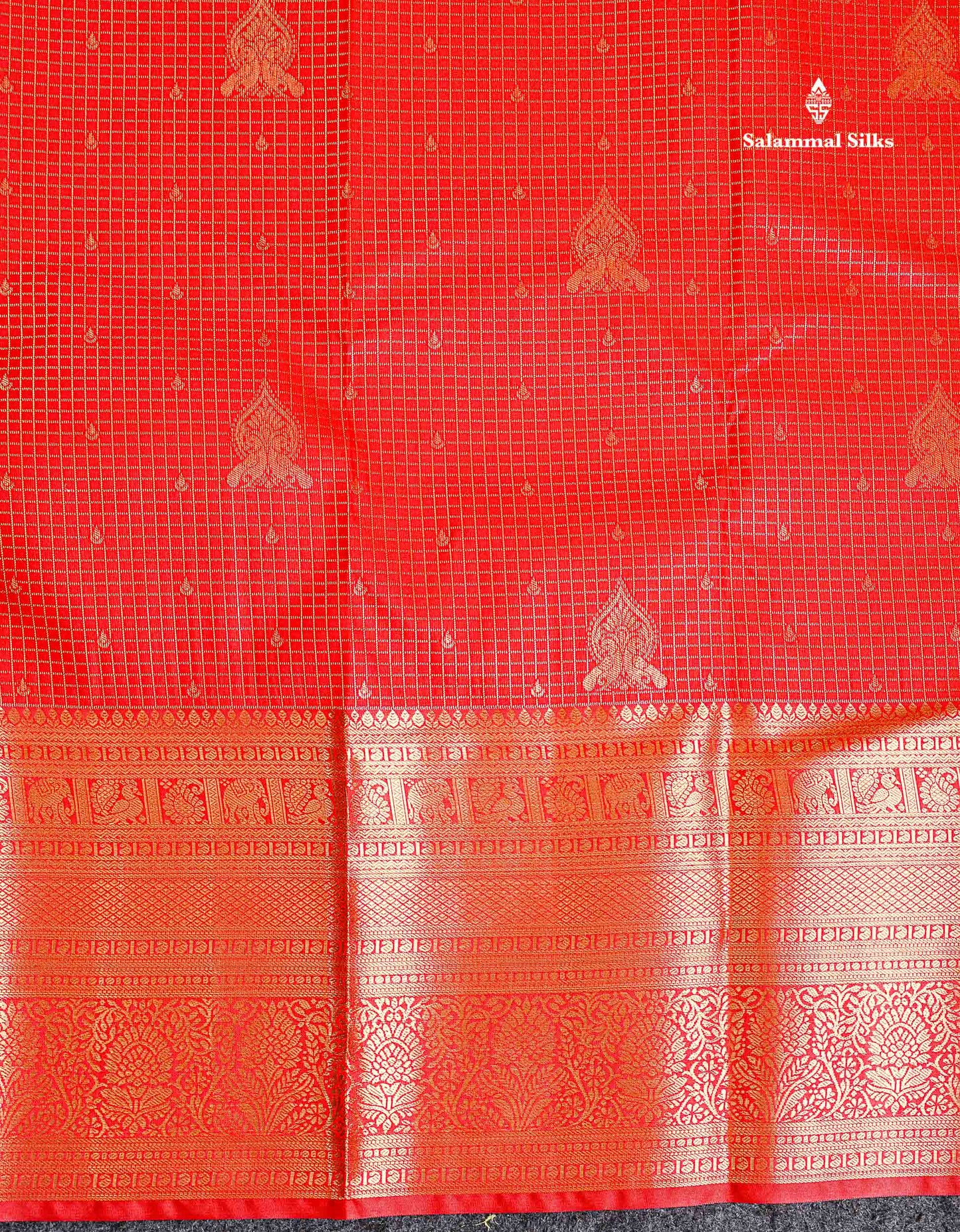 Semi Silk Saree - Chilly Red Small Checks With Butta Along With Traditional Evening Morning Border