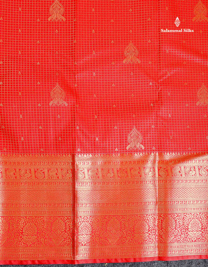 Semi Silk Saree - Chilly Red Small Checks With Butta Along With Traditional Evening Morning Border