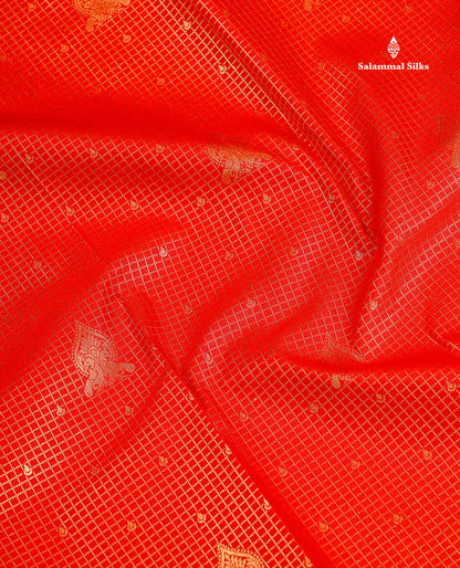 Semi Silk Saree - Chilly Red Small Checks With Butta Along With Traditional Evening Morning Border