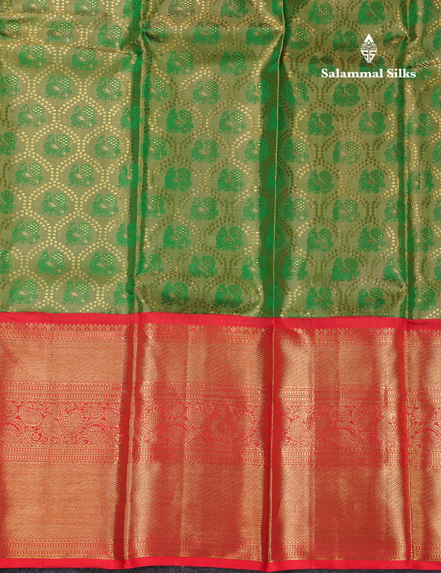 Beautiful Green Tissue Bridal Pure Kanjivaram Silk Saree With Contrast Chilly Red Traditional Evening Morning Border