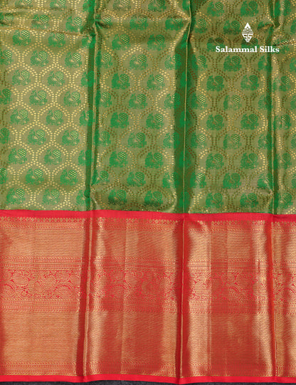 Beautiful Green Tissue Bridal Pure Kanjivaram Silk Saree With Contrast Chilly Red Traditional Evening Morning Border
