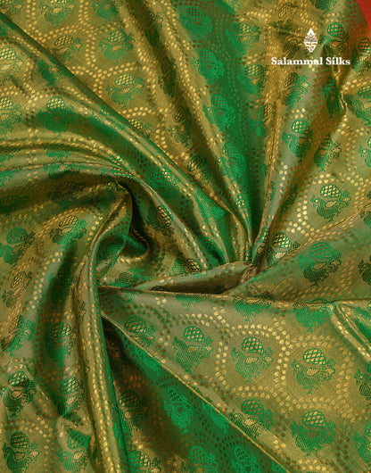Beautiful Green Tissue Bridal Pure Kanjivaram Silk Saree With Contrast Chilly Red Traditional Evening Morning Border