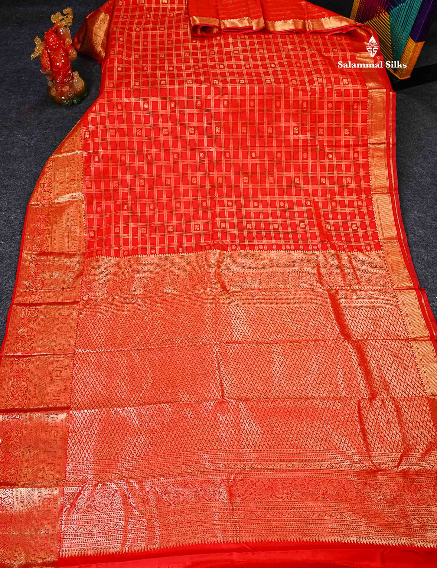 Semi Silk Saree - Chilly Red Checks With Traditional Buttas Along With Evening Morning Border