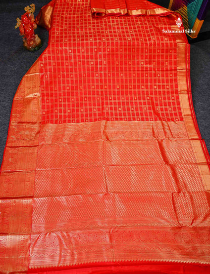 Semi Silk Saree - Chilly Red Checks With Traditional Buttas Along With Evening Morning Border
