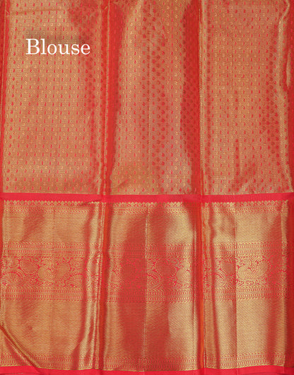 Beautiful Green Tissue Bridal Pure Kanjivaram Silk Saree With Contrast Chilly Red Traditional Evening Morning Border