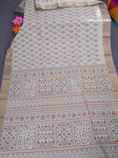Pastel Blue Colour Printed Pure Cotton Saree With Ribbon Border