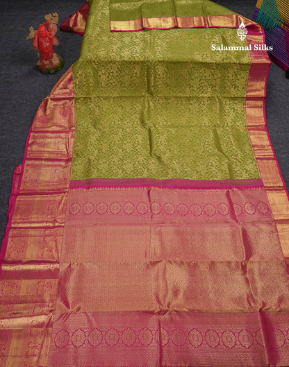 Beautiful Olive Green Bridal Pure Kanjivaram Silk Saree With Contrast Rani Pink Traditional Evening Morning Border