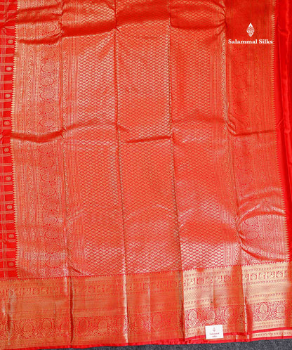 Semi Silk Saree - Chilly Red Checks With Traditional Buttas Along With Evening Morning Border