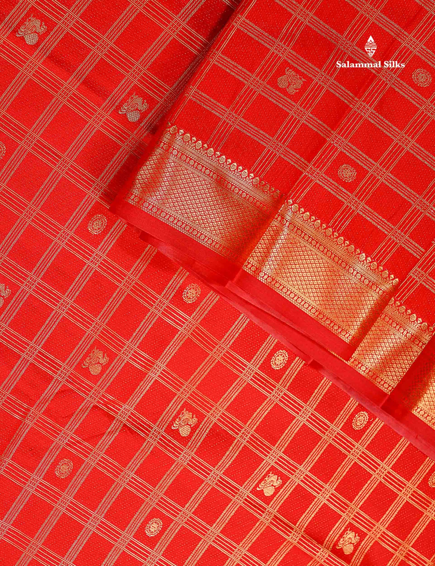Semi Silk Saree - Chilly Red Checks With Traditional Buttas Along With Evening Morning Border