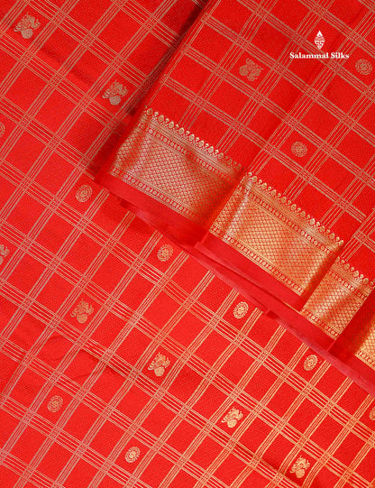 Semi Silk Saree - Chilly Red Checks With Traditional Buttas Along With Evening Morning Border