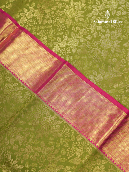 Beautiful Olive Green Bridal Pure Kanjivaram Silk Saree With Contrast Rani Pink Traditional Evening Morning Border