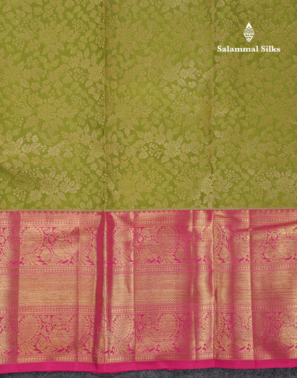 Beautiful Olive Green Bridal Pure Kanjivaram Silk Saree With Contrast Rani Pink Traditional Evening Morning Border