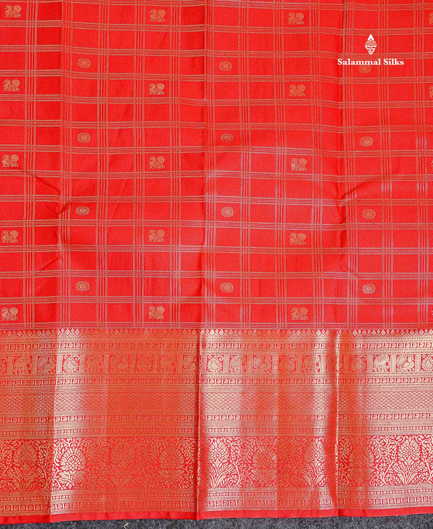 Semi Silk Saree - Chilly Red Checks With Traditional Buttas Along With Evening Morning Border