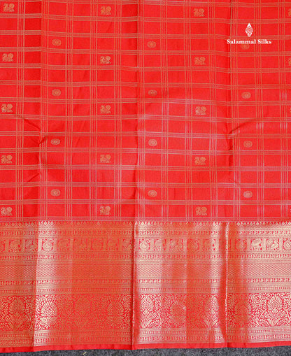 Semi Silk Saree - Chilly Red Checks With Traditional Buttas Along With Evening Morning Border