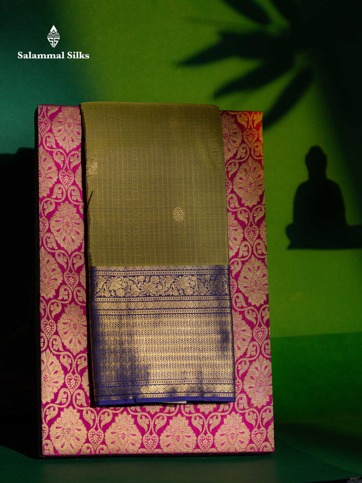 Olive Green Small Zari Checks Pure Kanjivaram Silk Saree With Contrast Violet Border