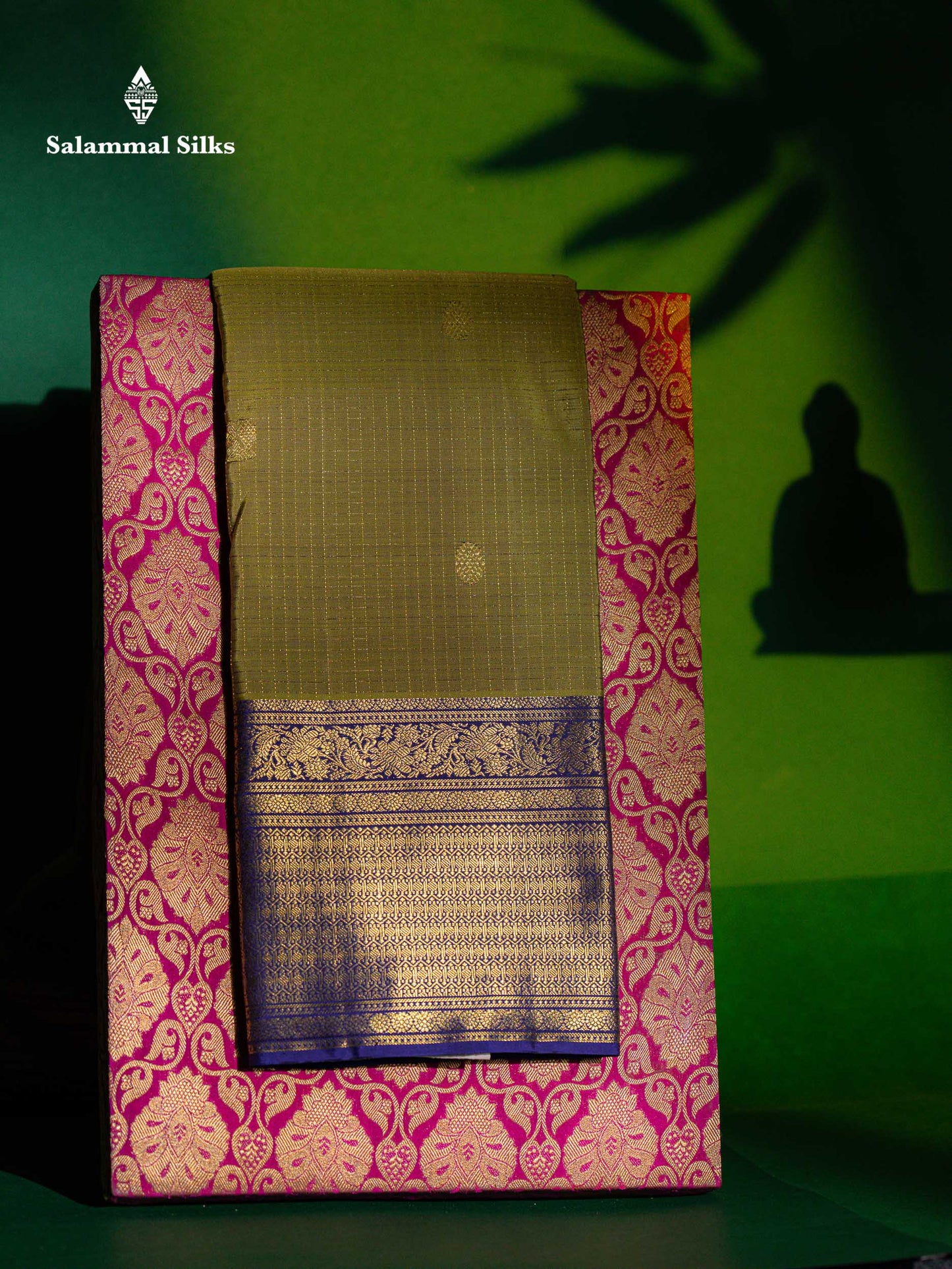 Olive Green Small Zari Checks Pure Kanjivaram Silk Saree With Contrast Violet Border