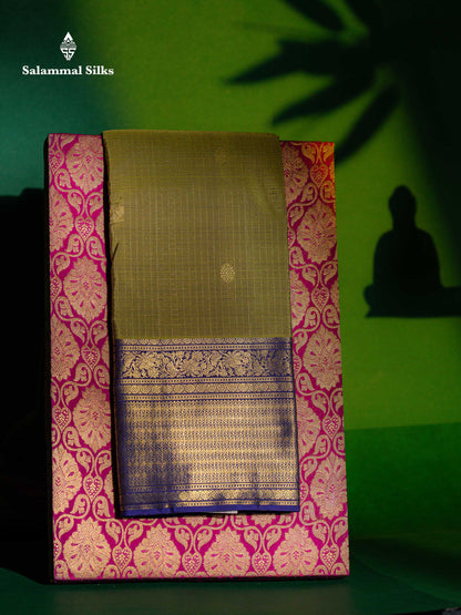 Olive Green Small Zari Checks Pure Kanjivaram Silk Saree With Contrast Violet Border