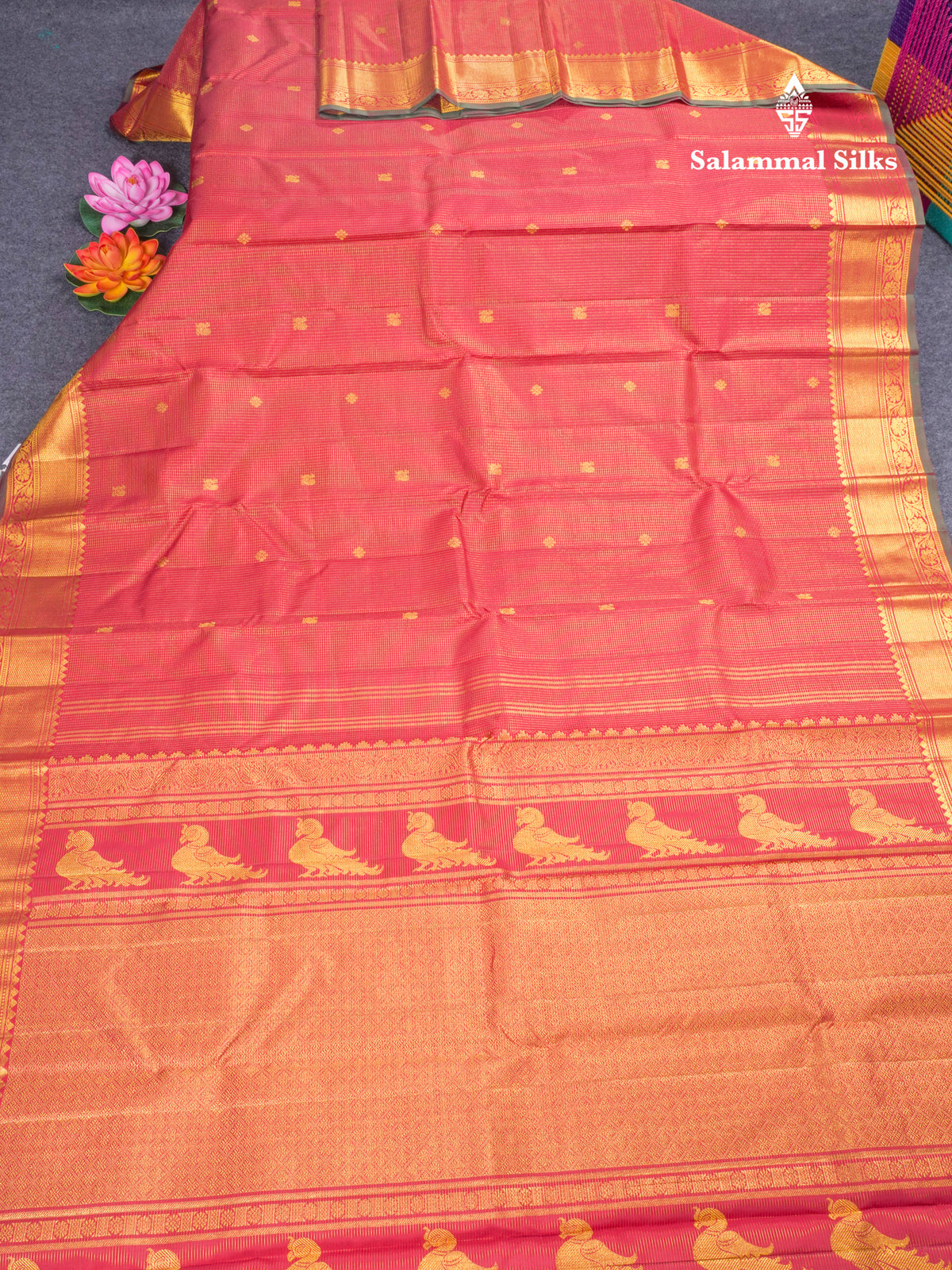Red Zari Checks Pure Kanjivaram Silk Saree With Traditional Border