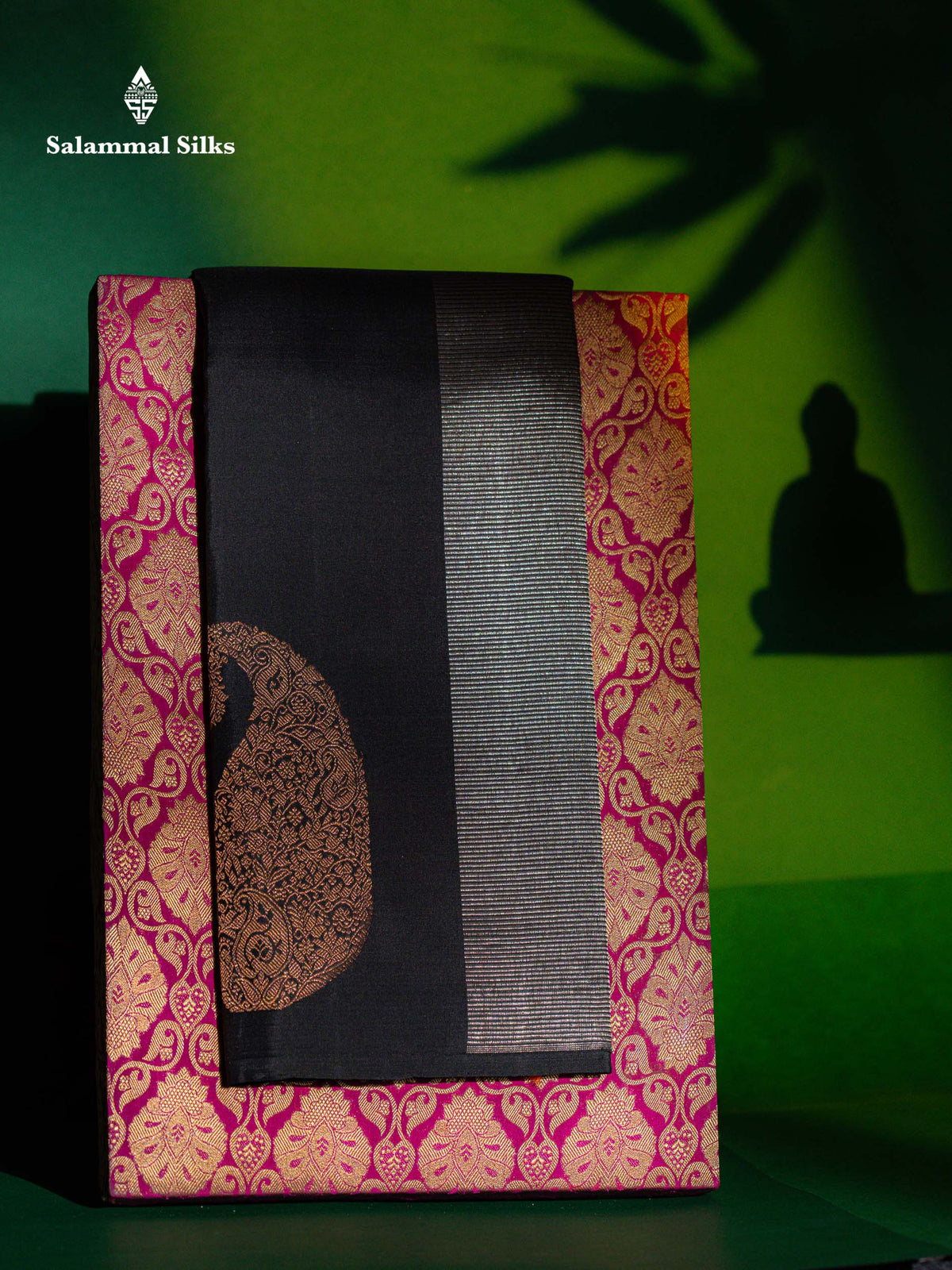 Beautiful Black Fancy Pure Kanjivaram Silk Saree With Contrast Dual Tone Pinkish Orange Blouse