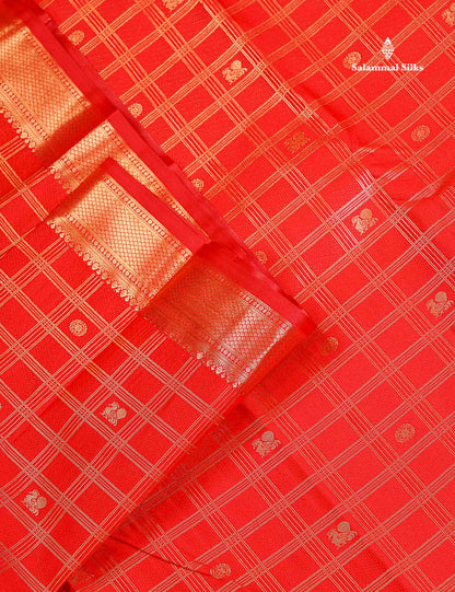 Semi Silk Saree - Chilly Red Checks With Traditional Buttas Along With Evening Morning Border