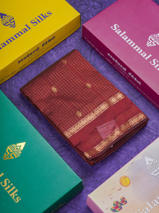 Maroon Tiny Checks With Butta Light Weight Semi Silk Saree With Traditional Rettapet Border