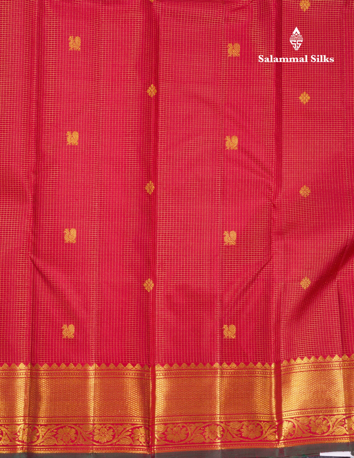 Red Zari Checks Pure Kanjivaram Silk Saree With Traditional Border