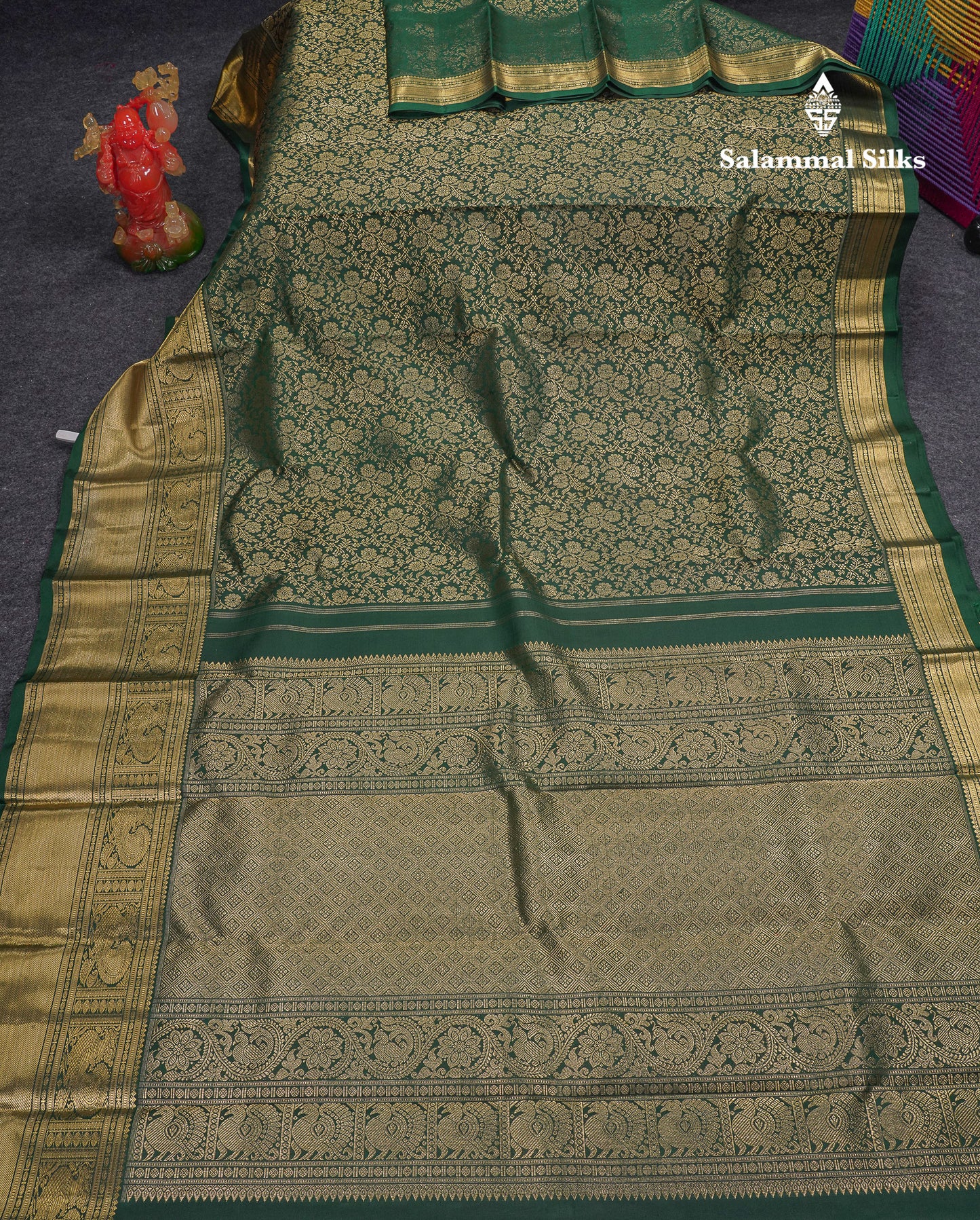 Beautiful Bottle Green Pure Kanjivaram 2G Zari Pure Silk Saree With Traditional Evening Morning Border