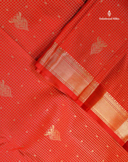 Semi Silk Saree - Redish Maroon Small Checks With Butta Along With Traditional Evening Morning Border