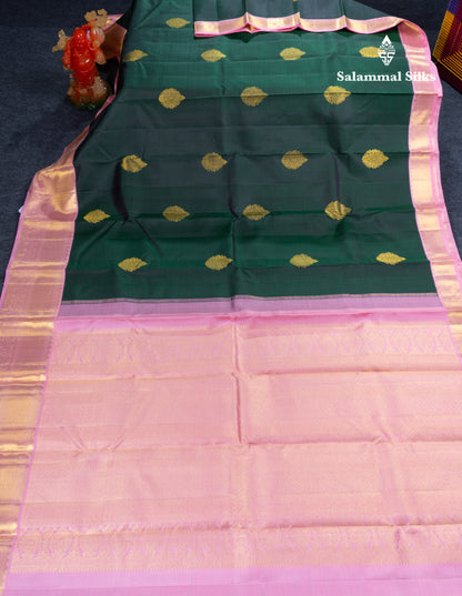 Bottle Green Pure Kanjivaram Silk Saree With Contrast Baby Pink Traditional Border