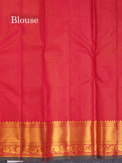 Red Zari Checks Pure Kanjivaram Silk Saree With Traditional Border